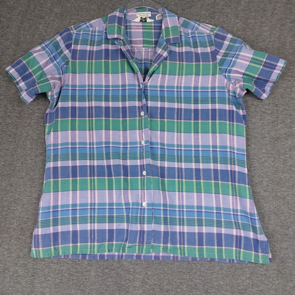 WOOLRICH WOMENS VTG PURPLE GREEN BLUE PLAID BUTTON FRONT SHORT SLEEVE SHIRT 14